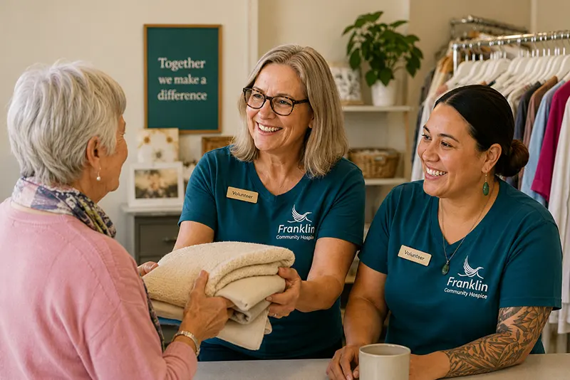 A warm, welcoming volunteer scene with genuine connection and a clear sense of community support.